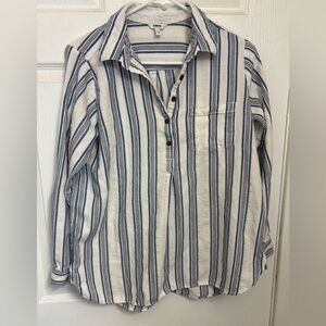 Sonoma Women's Blue and White Striped Button-Down Shirt